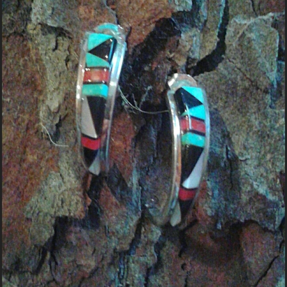 Vintage Native American artist CJ signed, inlay, Sterling Silver earrings